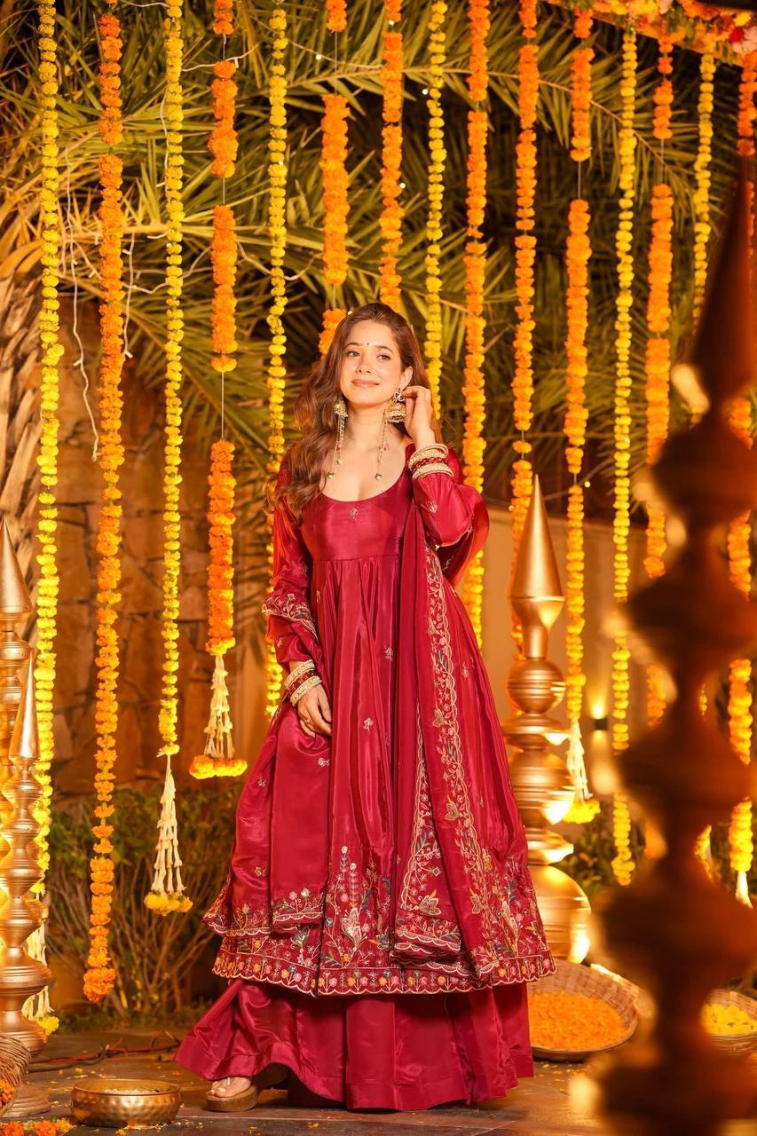 Wedding Wear Red Color Heavy Silk Gown Set With Palazzo And Dupatta