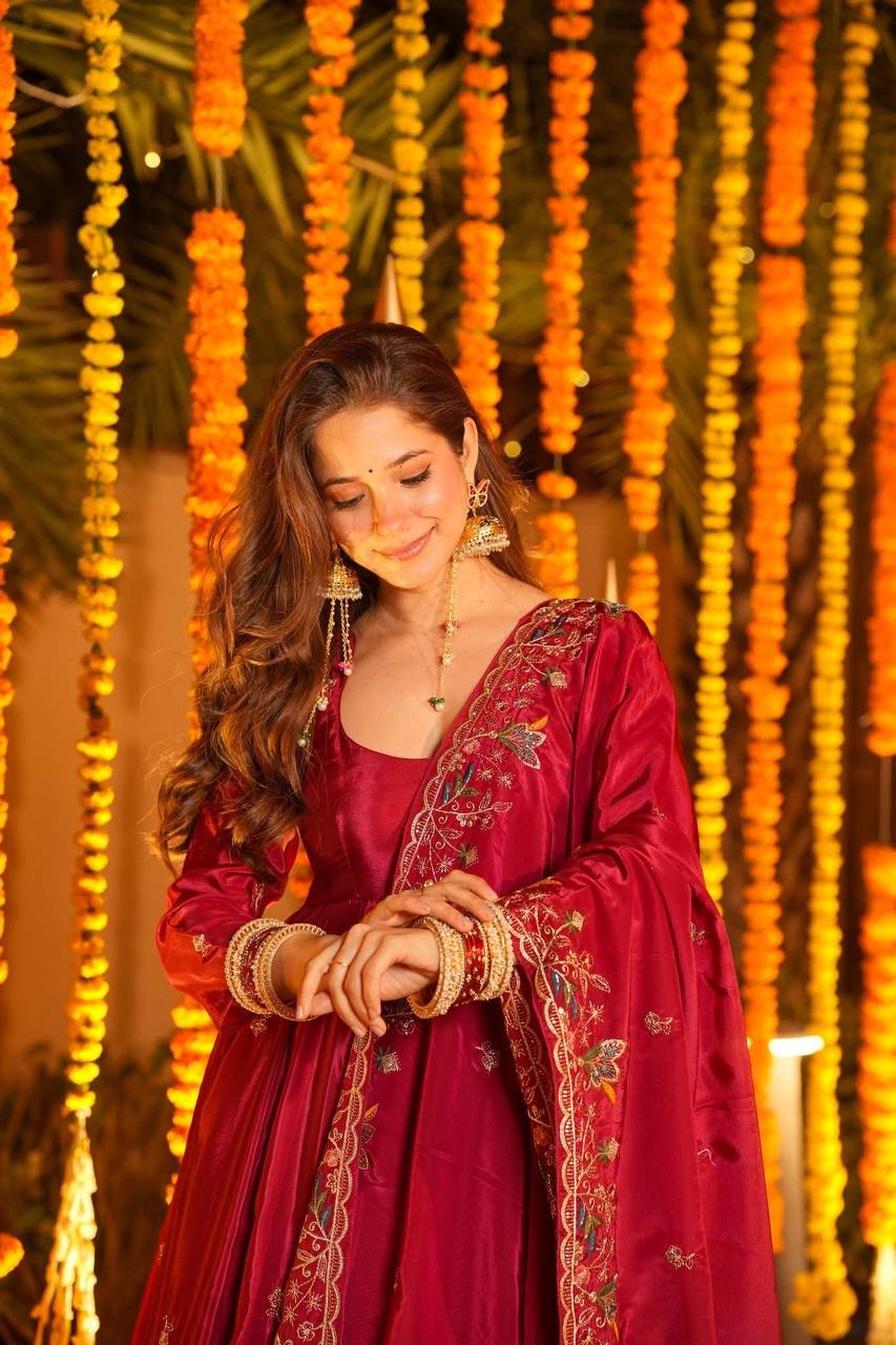 Wedding Wear Red Color Heavy Silk Gown Set With Palazzo And Dupatta