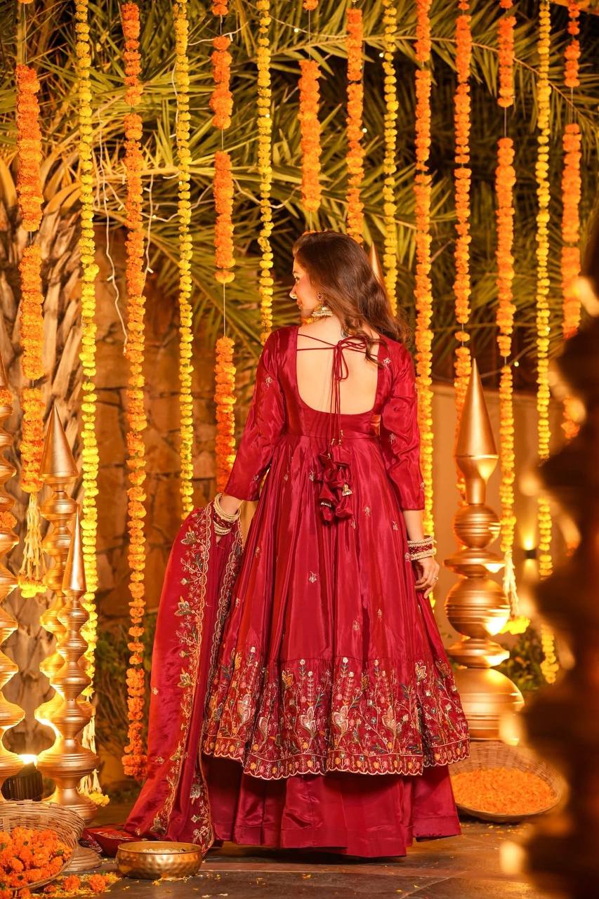 Wedding Wear Red Color Heavy Silk Gown Set With Palazzo And Dupatta