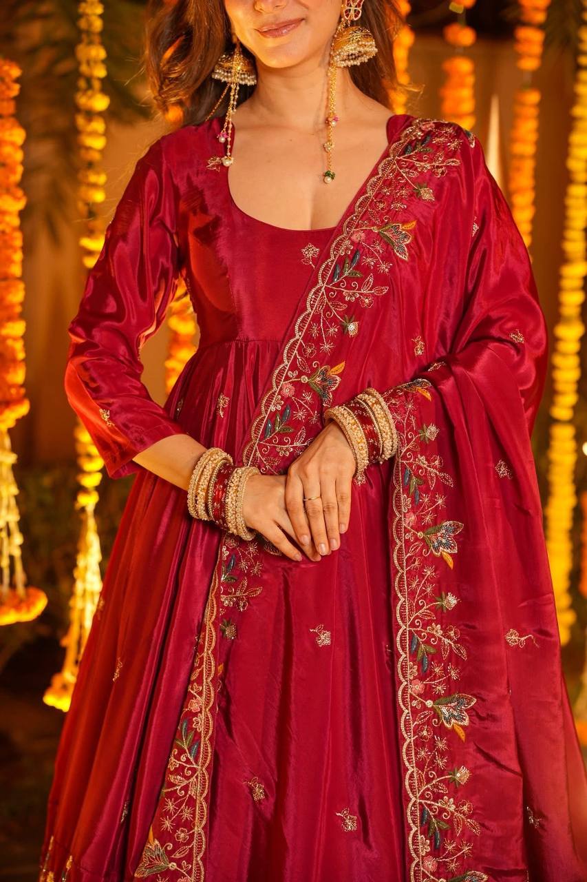 Wedding Wear Red Color Heavy Silk Gown Set With Palazzo And Dupatta
