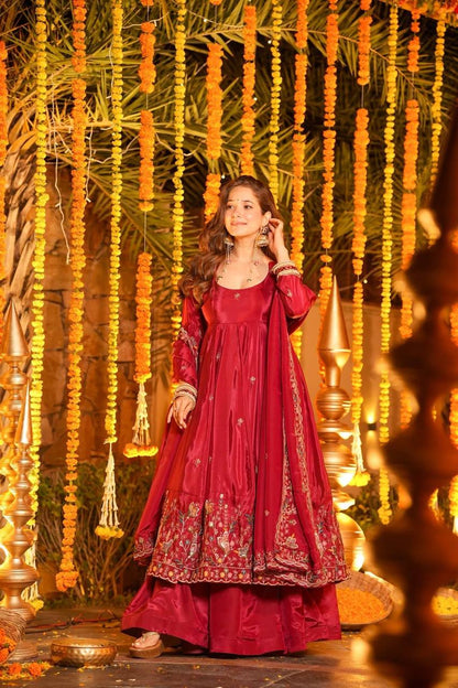 Wedding Wear Red Color Heavy Silk Gown Set With Palazzo And Dupatta
