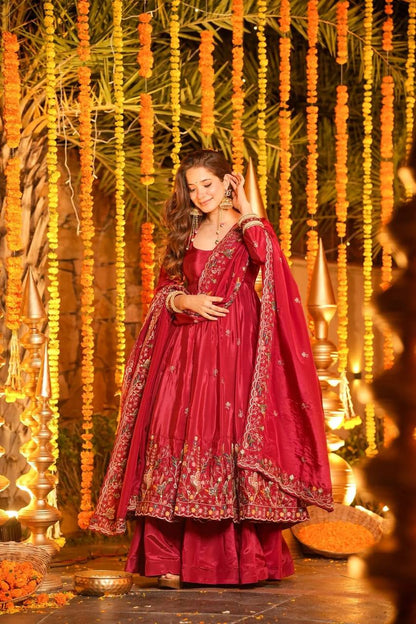 Wedding Wear Red Color Heavy Silk Gown Set With Palazzo And Dupatta