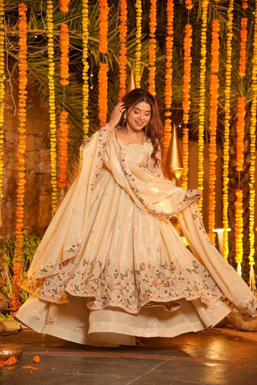 Wedding Wear Beige Color Heavy Silk Gown Set With Palazzo And Dupatta