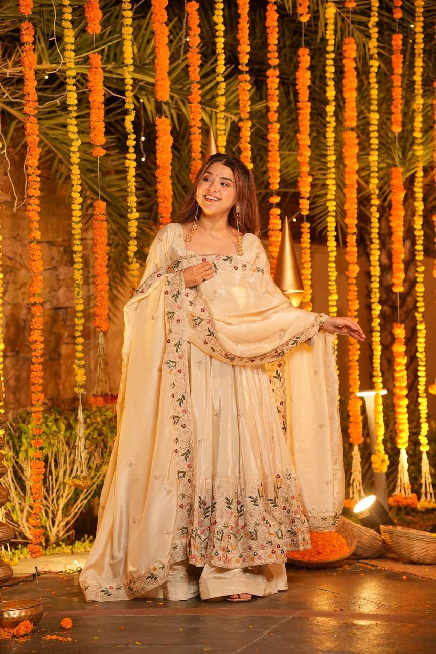 Wedding Wear Beige Color Heavy Silk Gown Set With Palazzo And Dupatta