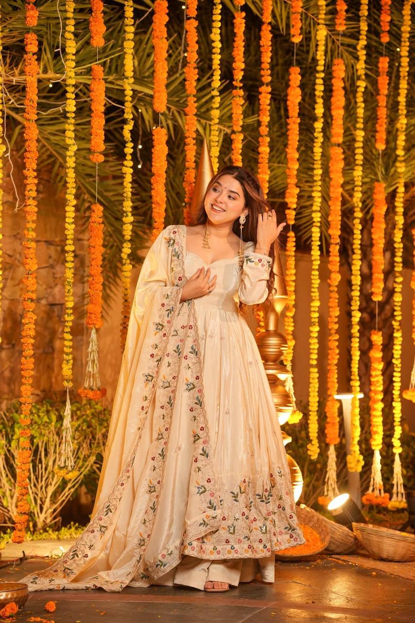 Wedding Wear Beige Color Heavy Silk Gown Set With Palazzo And Dupatta
