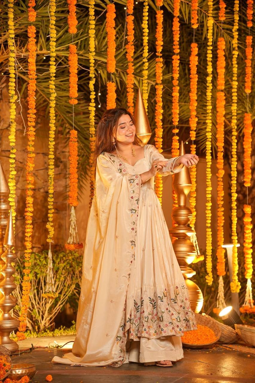 Wedding Wear Beige Color Heavy Silk Gown Set With Palazzo And Dupatta