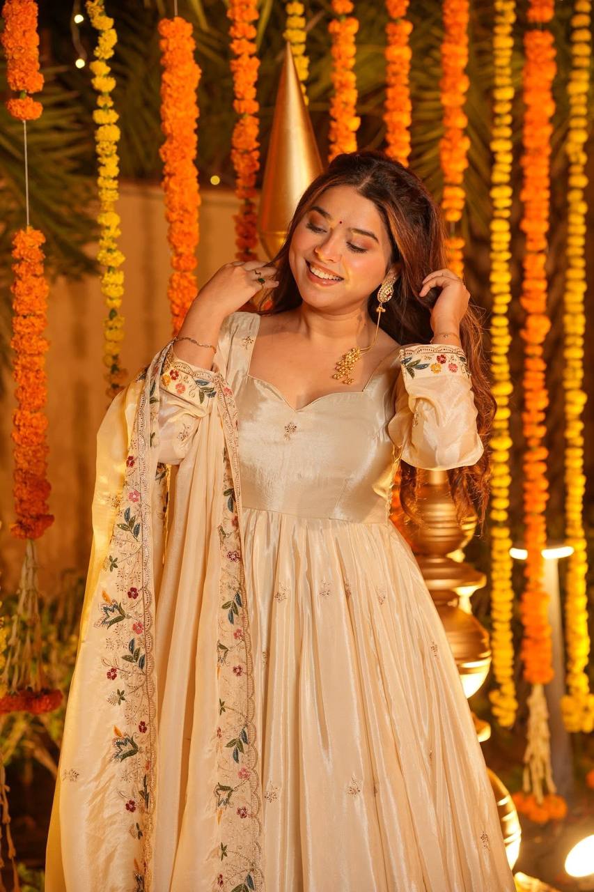 Wedding Wear Beige Color Heavy Silk Gown Set With Palazzo And Dupatta