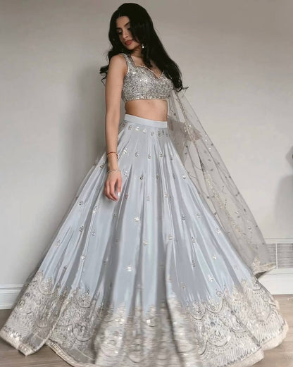 Party Wear Grey Color Japan Satin Lehenga Set