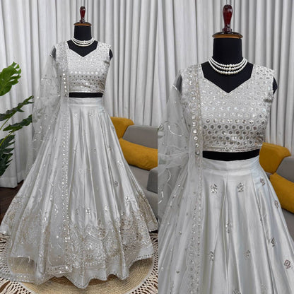Party Wear Grey Color Japan Satin Lehenga Set