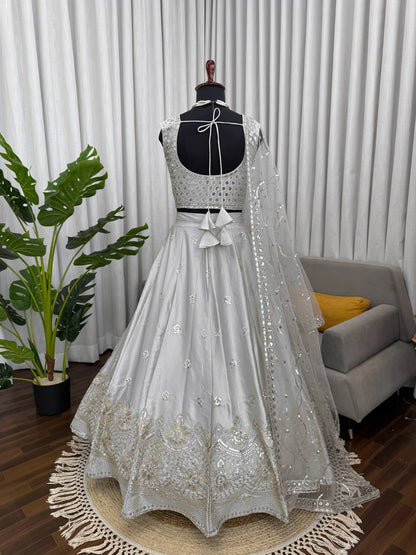 Party Wear Grey Color Japan Satin Lehenga Set