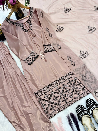 Eye Catching Beige Color Thread Work Farshi Salwar Suit