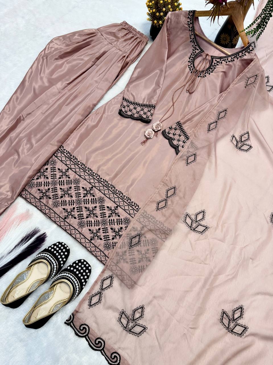 Eye Catching Beige Color Thread Work Farshi Salwar Suit