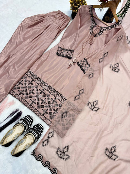 Eye Catching Beige Color Thread Work Farshi Salwar Suit