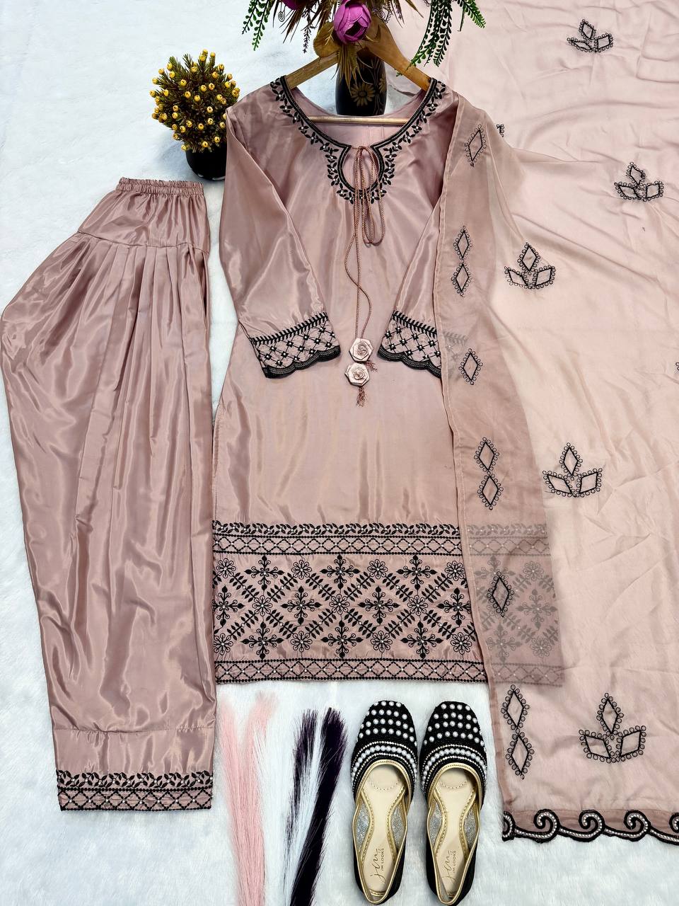Eye Catching Beige Color Thread Work Farshi Salwar Suit