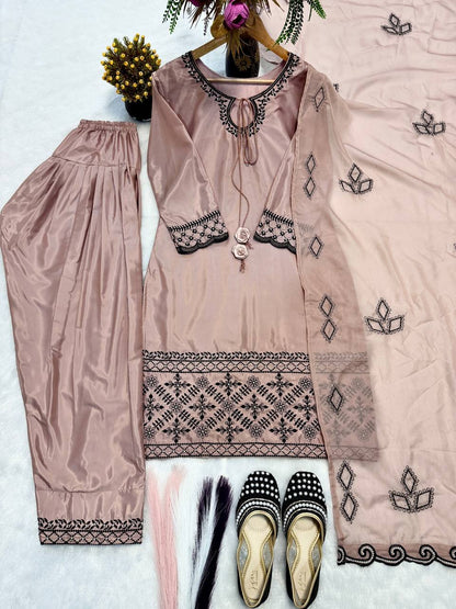 Eye Catching Beige Color Thread Work Farshi Salwar Suit