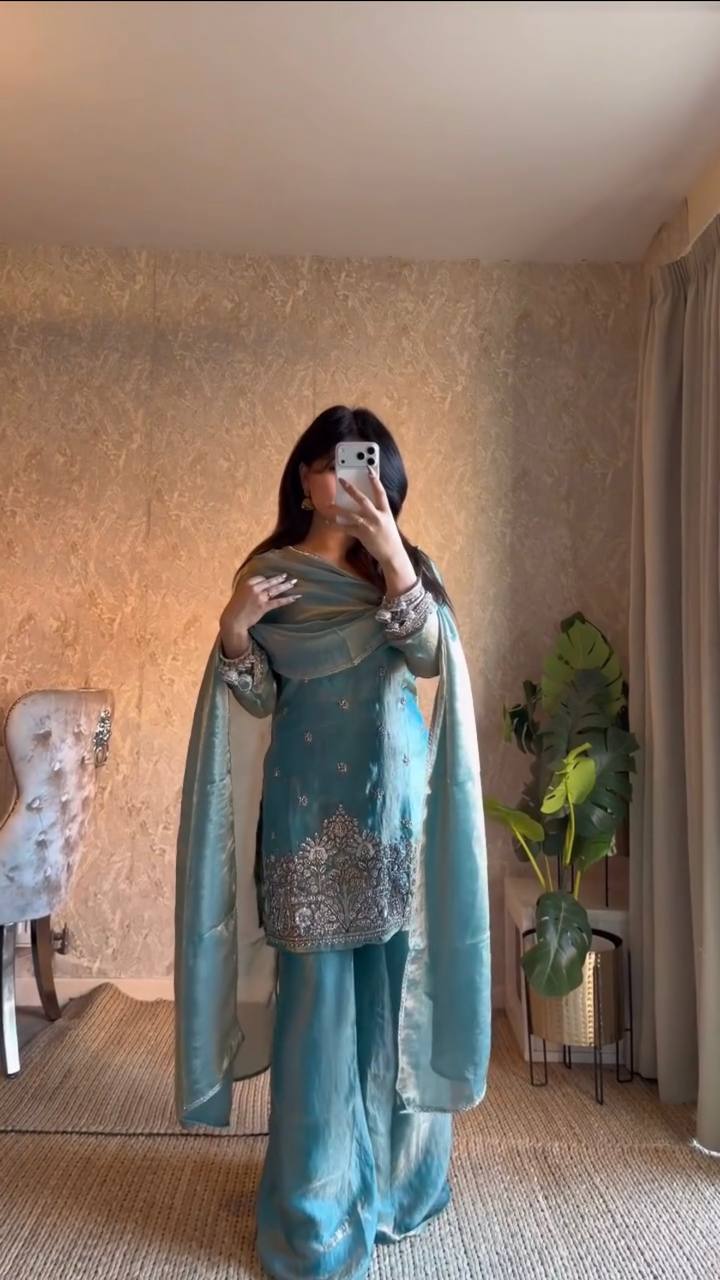 Gorgeous Sky Blue Thread With Sequence Work Palazzo Suit