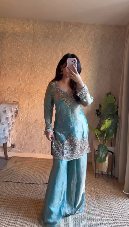 Gorgeous Sky Blue Thread With Sequence Work Palazzo Suit