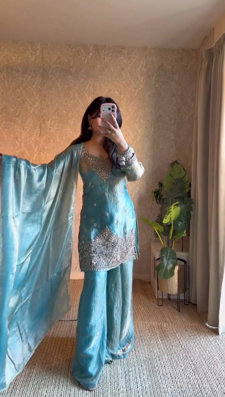 Gorgeous Sky Blue Thread With Sequence Work Palazzo Suit