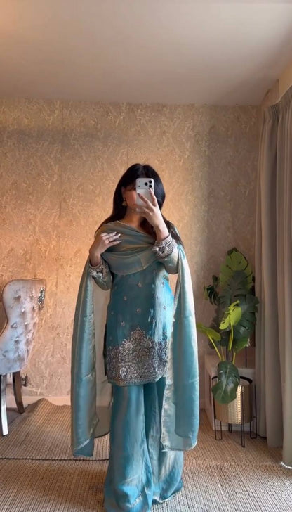 Gorgeous Sky Blue Thread With Sequence Work Palazzo Suit