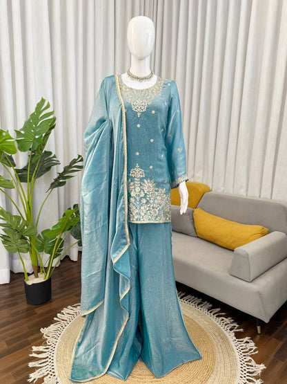 Gorgeous Sky Blue Thread With Sequence Work Palazzo Suit