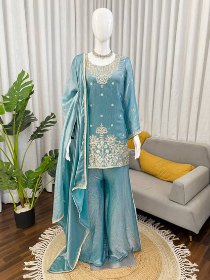 Gorgeous Sky Blue Thread With Sequence Work Palazzo Suit
