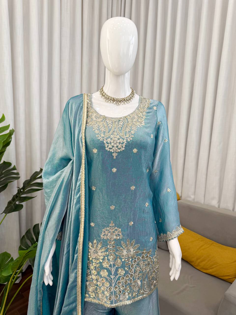 Gorgeous Sky Blue Thread With Sequence Work Palazzo Suit