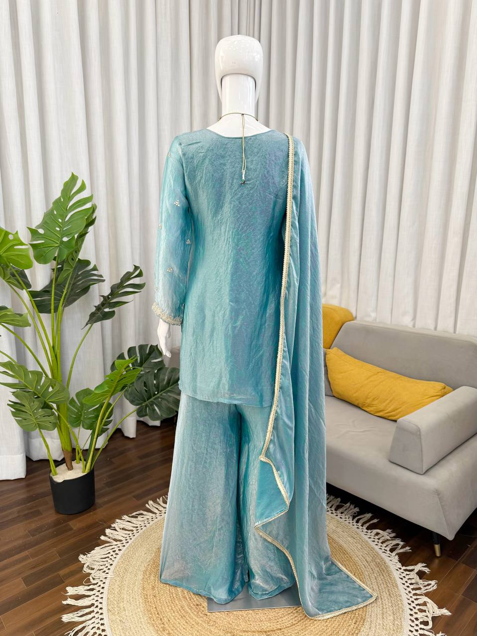 Gorgeous Sky Blue Thread With Sequence Work Palazzo Suit