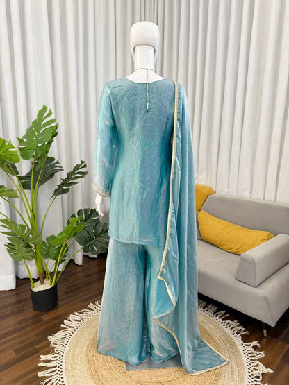 Gorgeous Sky Blue Thread With Sequence Work Palazzo Suit