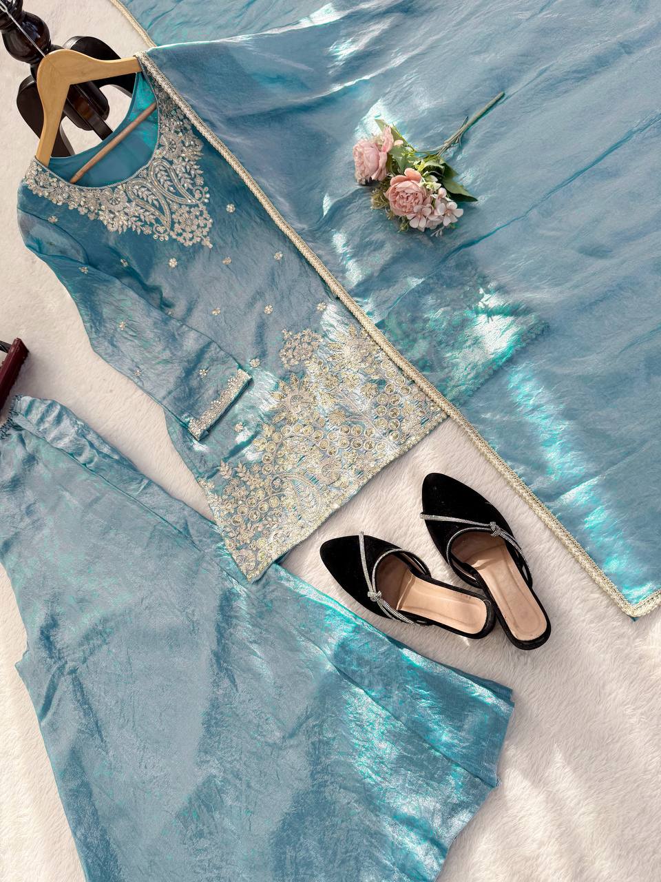Gorgeous Sky Blue Thread With Sequence Work Palazzo Suit