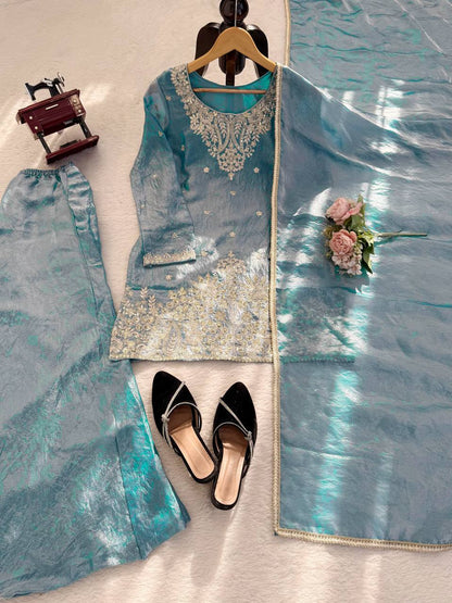 Gorgeous Sky Blue Thread With Sequence Work Palazzo Suit