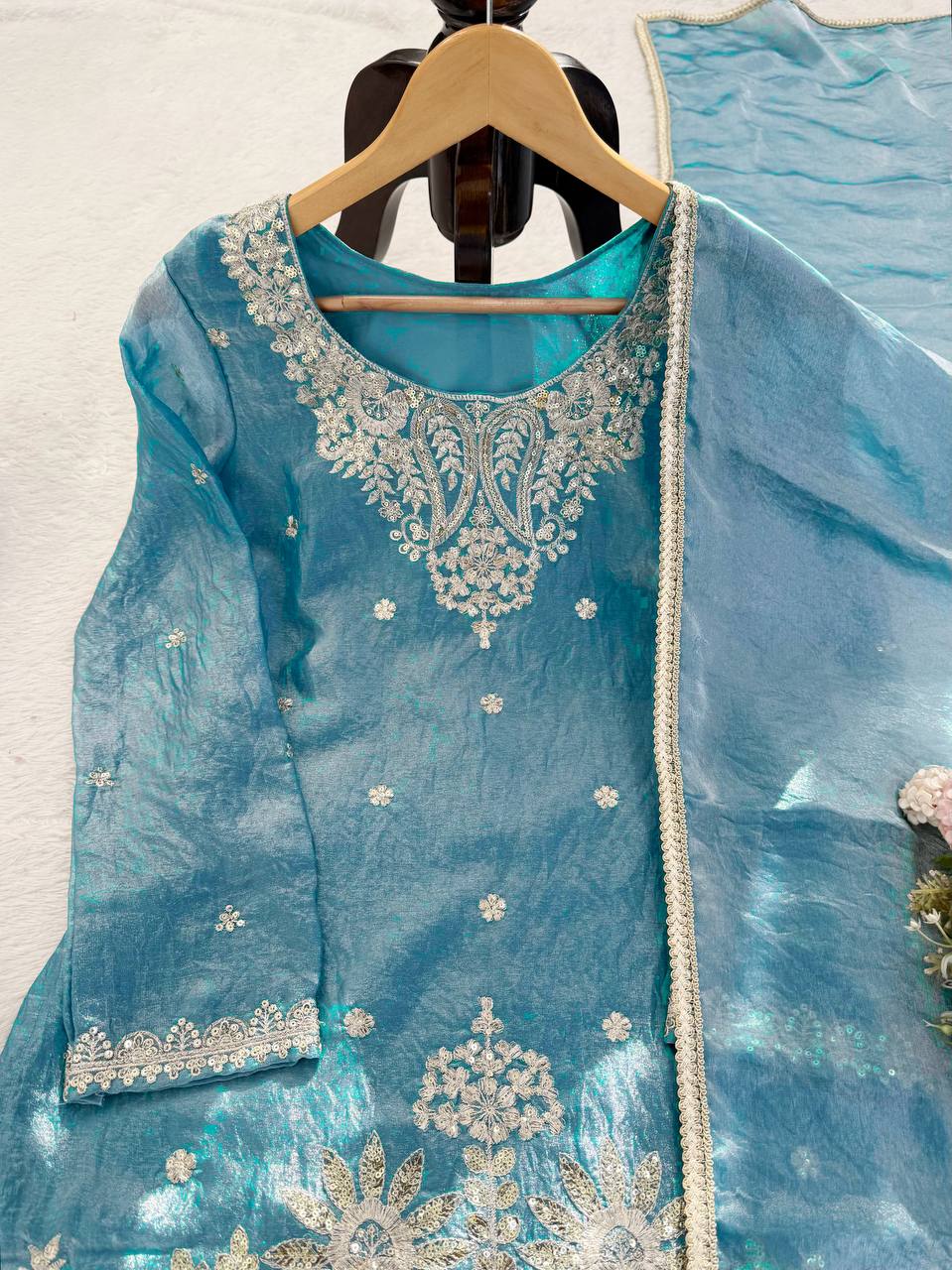 Gorgeous Sky Blue Thread With Sequence Work Palazzo Suit