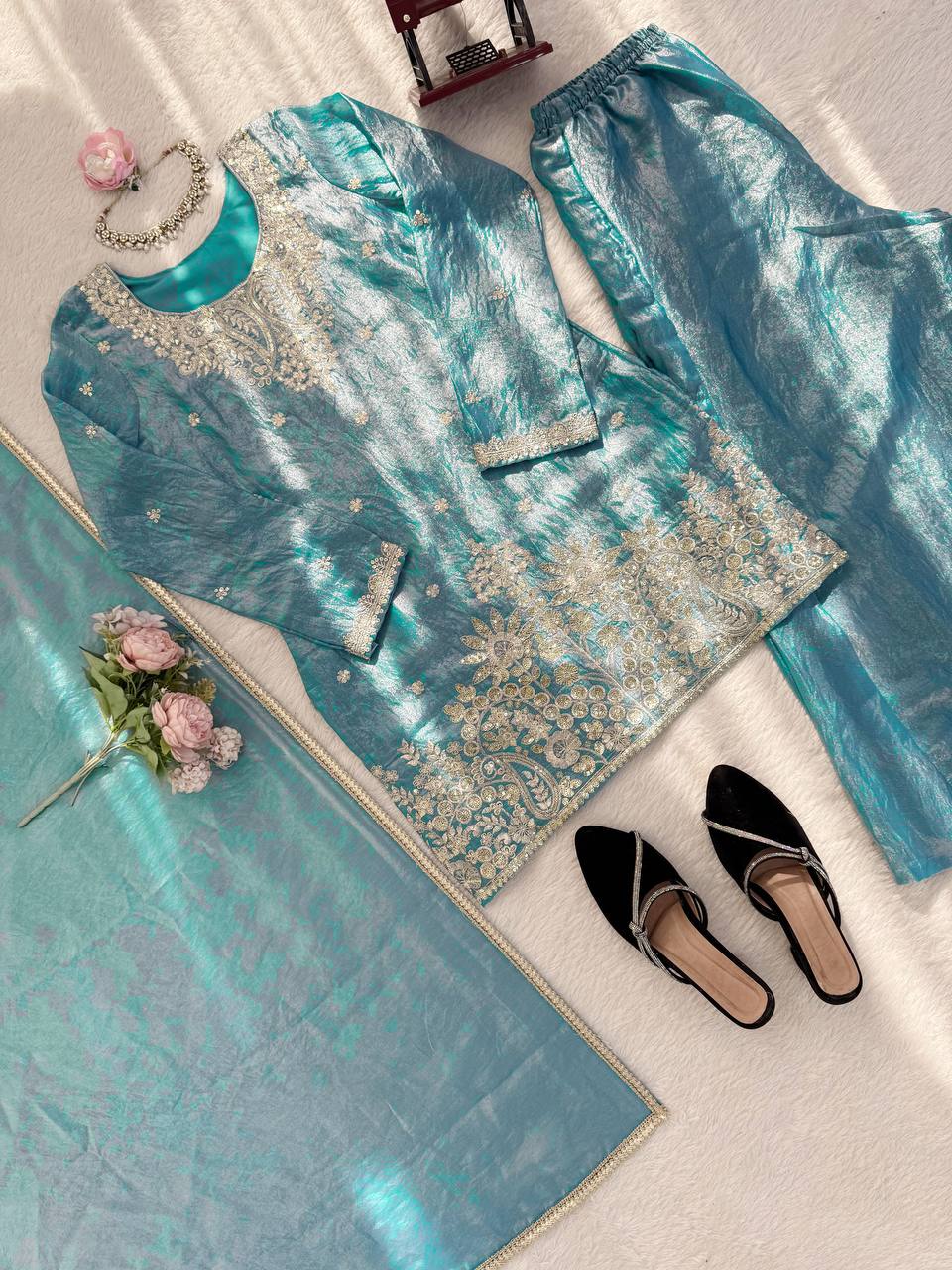 Gorgeous Sky Blue Thread With Sequence Work Palazzo Suit