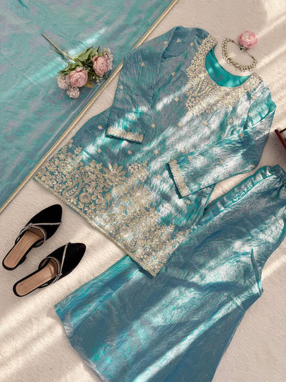 Gorgeous Sky Blue Thread With Sequence Work Palazzo Suit