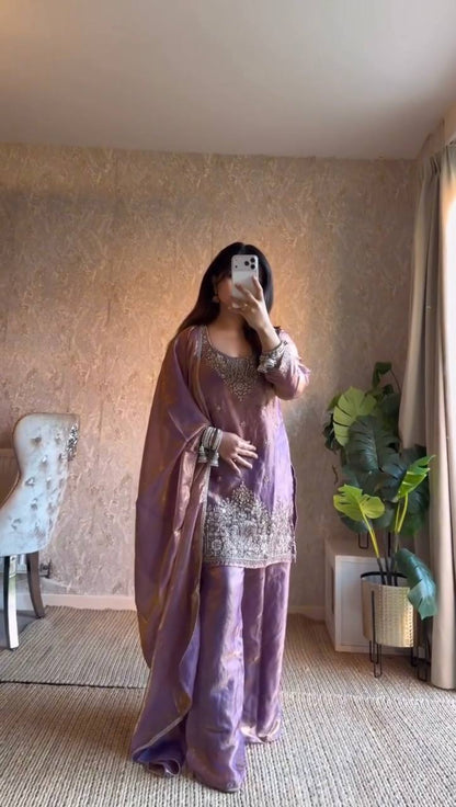 Trendy Purple Color Thread With Sequence Work Palazzo Suit