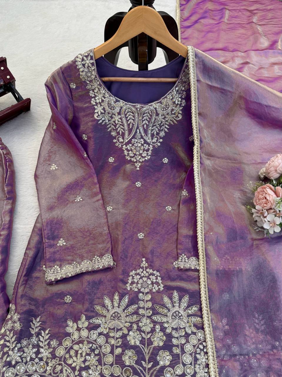 Trendy Purple Color Thread With Sequence Work Palazzo Suit