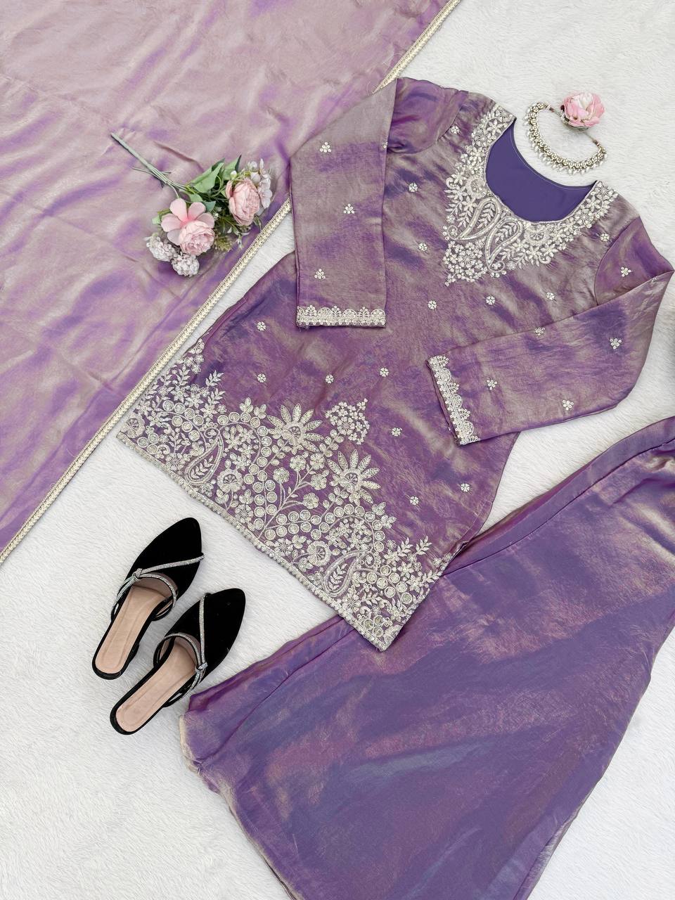 Trendy Purple Color Thread With Sequence Work Palazzo Suit