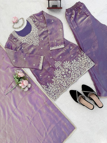Trendy Purple Color Thread With Sequence Work Palazzo Suit