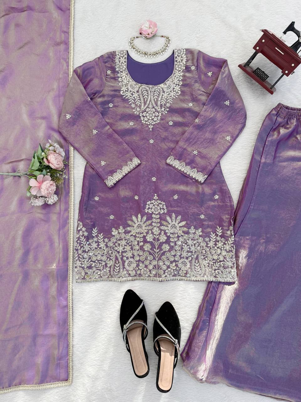 Trendy Purple Color Thread With Sequence Work Palazzo Suit