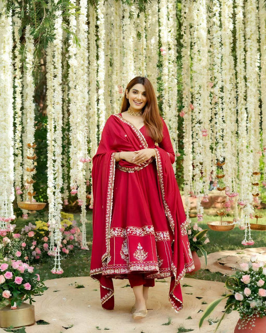Wedding Wear Red Color Roman Silk Heavy Multi Embroidered Sequins And Thread Work Anarkali Gown