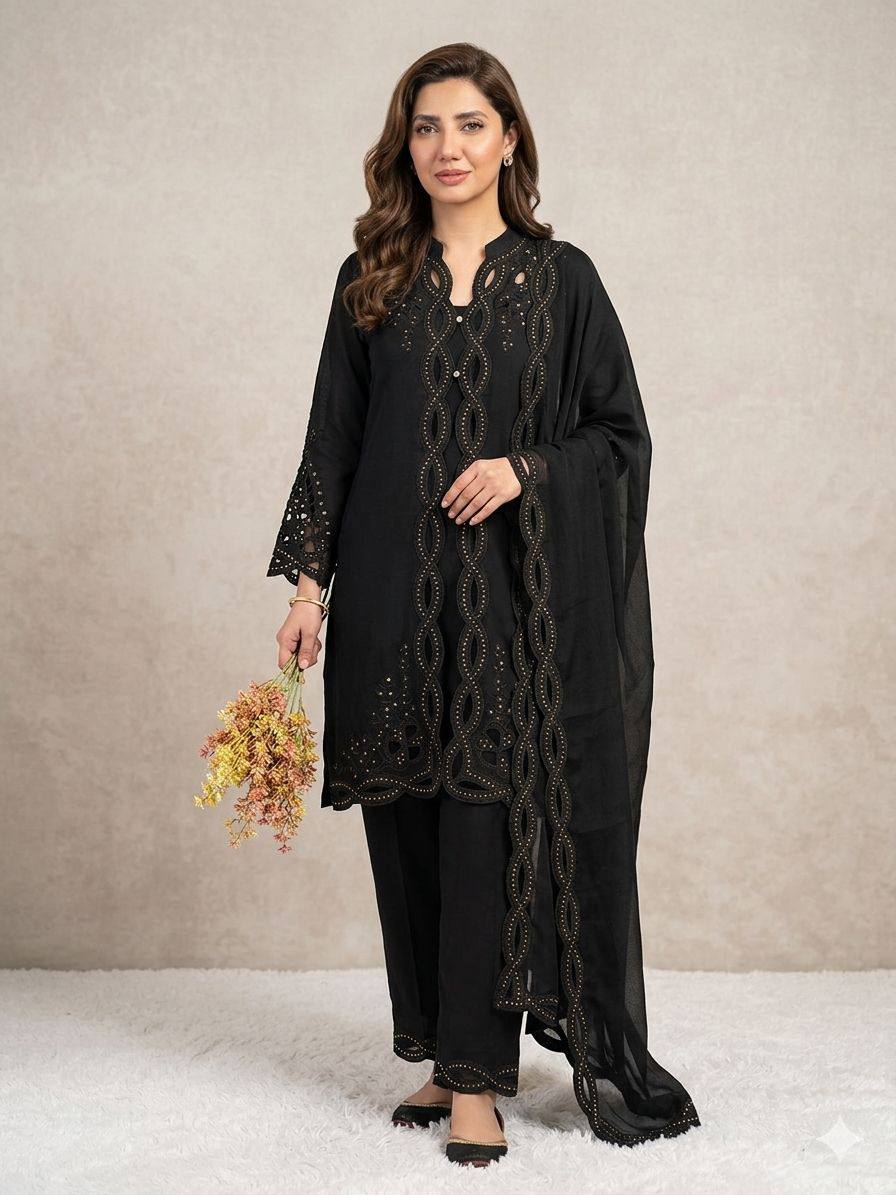 Classic Black Color Mal Chanderi Stylish Cut Work Kurti Set