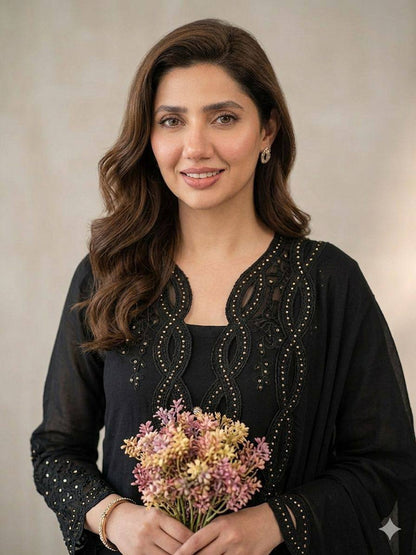 Classic Black Color Mal Chanderi Stylish Cut Work Kurti Set