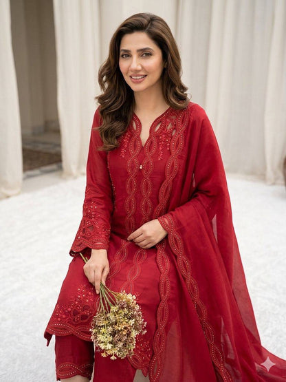 Classy Red Color Mal Chanderi Stylish Embroidered Work Kurti Set