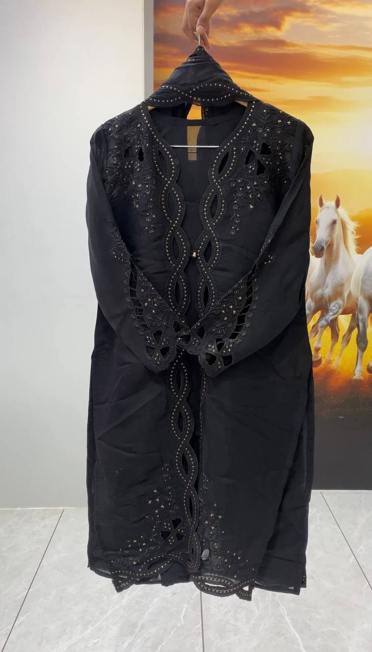 Classic Black Color Mal Chanderi Stylish Cut Work Kurti Set