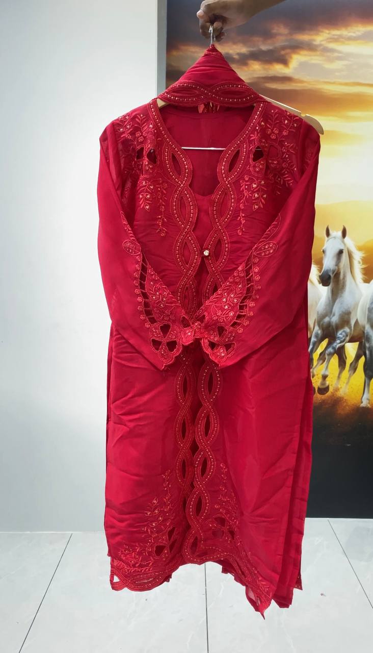 Classy Red Color Mal Chanderi Stylish Embroidered Work Kurti Set
