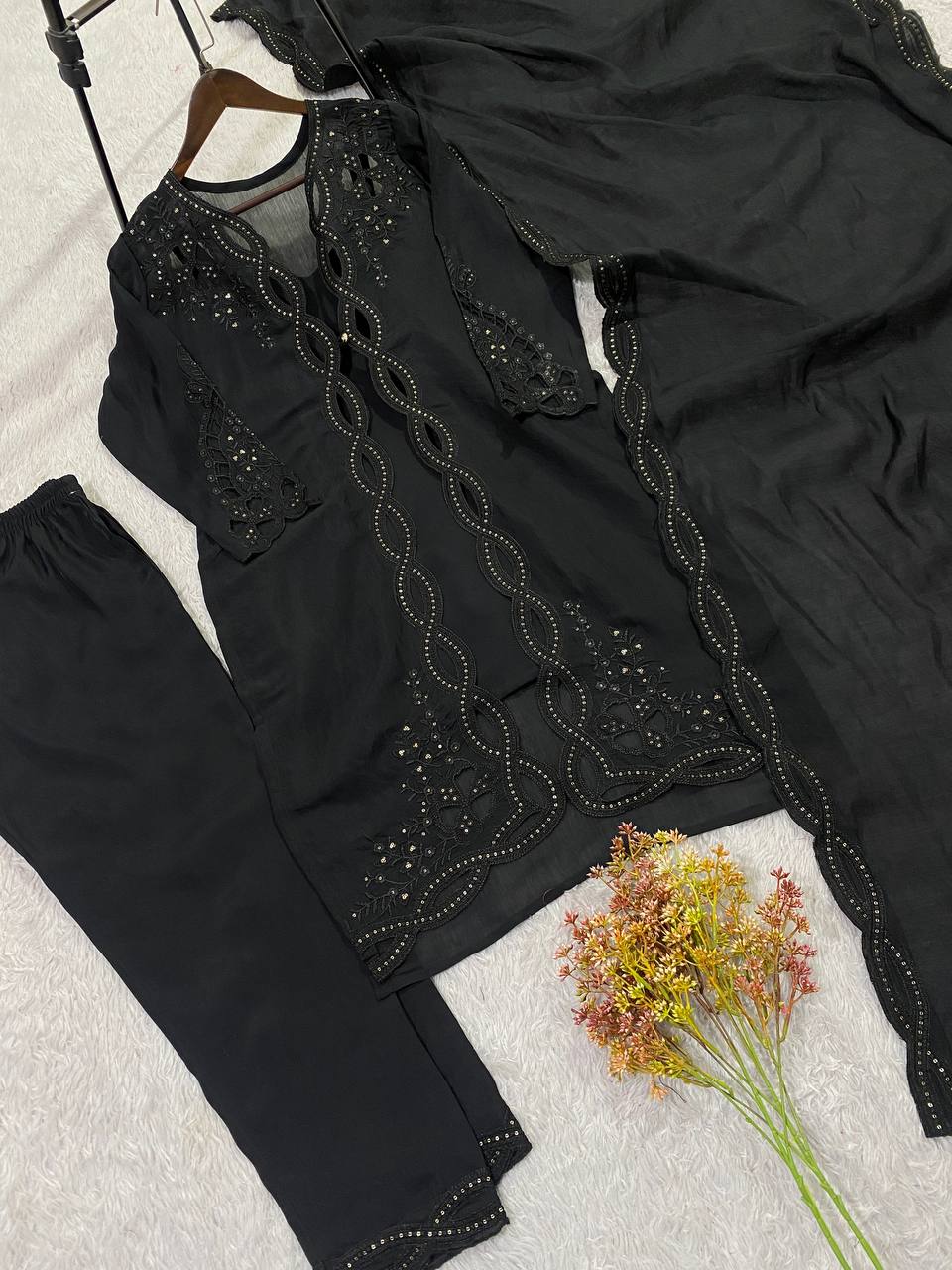 Classic Black Color Mal Chanderi Stylish Cut Work Kurti Set