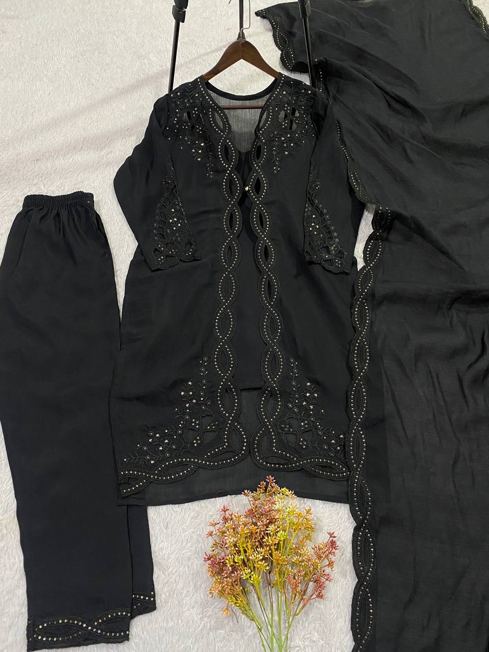Classic Black Color Mal Chanderi Stylish Cut Work Kurti Set