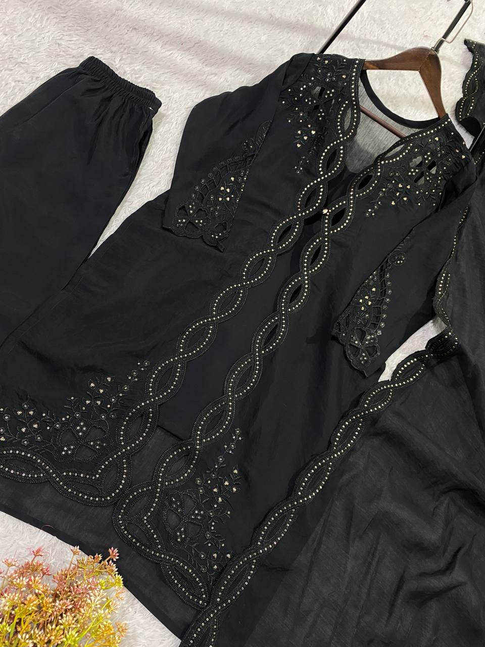 Classic Black Color Mal Chanderi Stylish Cut Work Kurti Set