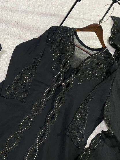 Classic Black Color Mal Chanderi Stylish Cut Work Kurti Set