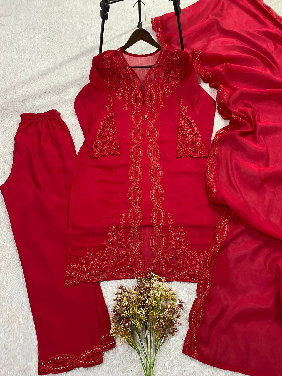 Classy Red Color Mal Chanderi Stylish Embroidered Work Kurti Set