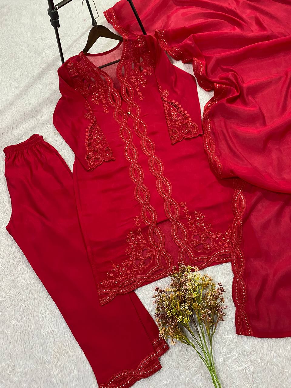 Classy Red Color Mal Chanderi Stylish Embroidered Work Kurti Set